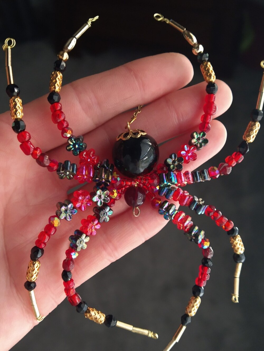 Hand Crafted • Red & Black Floral Beaded Spider Pendant - Picture 11 of 16
